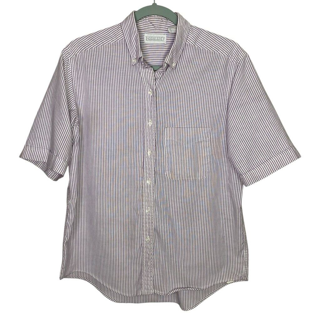 Vtg Lands End Shirt Womens 12 Purple White Striped Button Down Short Sleeve 90s